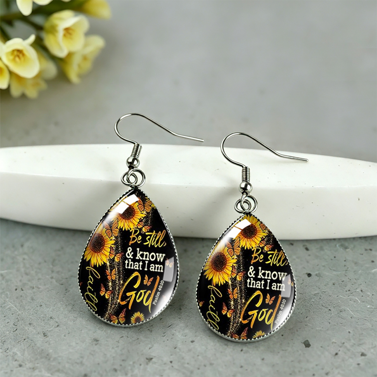 Unisex Sunflower Butterfly Art Text Print Teardrop Earrings